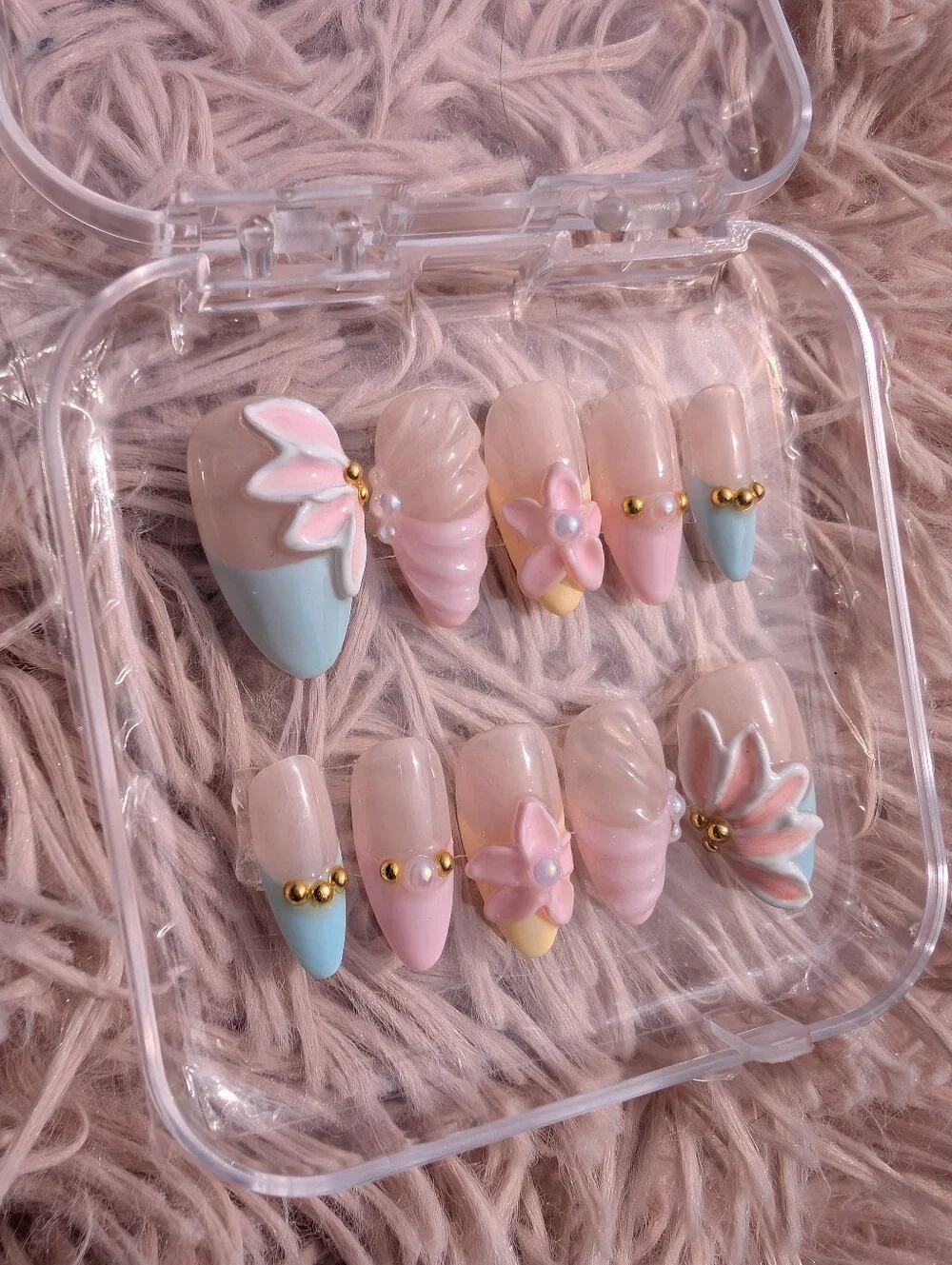 Pastel Pink 3D Floral Press-On Nails with Pearl & Gold  Accents
